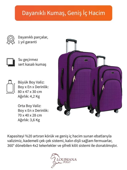 Louisiana Polo Büyük ve Orta Boy Valiz Seti 4 Teker Kumaş Valiz Mor 1081 - 2
