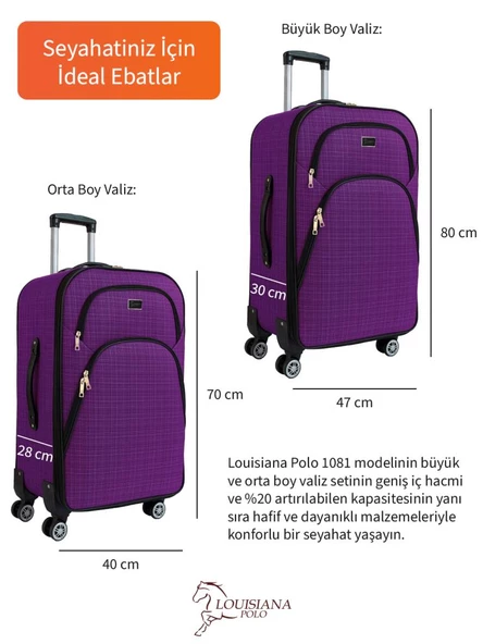 Louisiana Polo Büyük ve Orta Boy Valiz Seti 4 Teker Kumaş Valiz Mor 1081 - 3