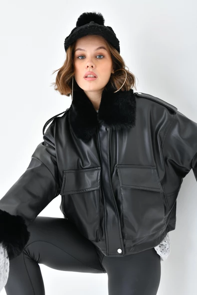 FTZ Women Kadın Kürk Detay Deri Kaban  Siyah RBN4073 - Resim 3