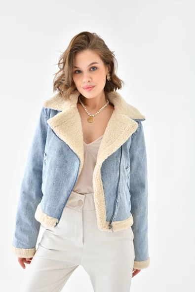 FTZ Women Kadın Kürk Detay Kaban  Mavi RBN4069 - 3