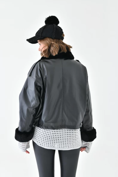 FTZ Women Kadın Kürk Detay Deri Kaban  Siyah RBN4073 - Resim 7