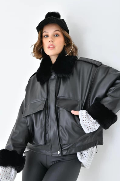 FTZ Women Kadın Kürk Detay Deri Kaban  Siyah RBN4073 - Resim 5