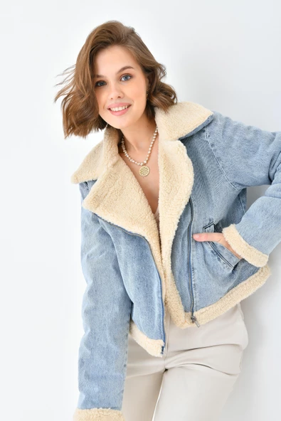 FTZ Women Kadın Kürk Detay Kaban  Mavi RBN4069 - 2