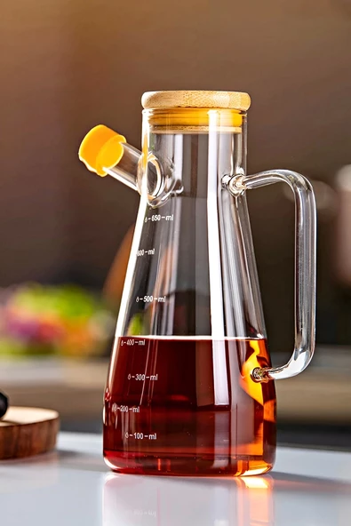 Bambu Kapaklı Cam Yağdanlık Vakumlu Borosilikat Cam Sirkelik Zeytinyağı Şişesi Yağlık 900 ml. - 2