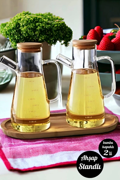 Bambu Kapaklı Cam Yağdanlık Vakumlu Ahşap Stantlı Sirkelik Zeytinyağı Şişesi Yağlık 900 ml 3'lü Set - 2