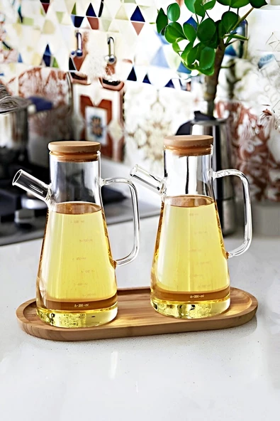 Bambu Kapaklı Cam Yağdanlık Vakumlu Ahşap Stantlı Sirkelik Zeytinyağı Şişesi Yağlık 900 ml 3'lü Set - 3