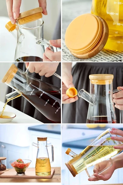 Bambu Kapaklı Cam Yağdanlık Vakumlu Ahşap Stantlı Sirkelik Zeytinyağı Şişesi Yağlık 900 ml 3'lü Set - 6