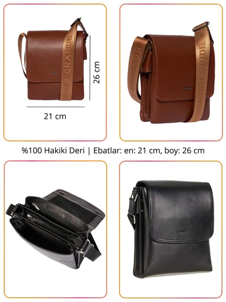 Grande Hakiki Deri Erkek Postacı Çantası Siyah 4261 - 3