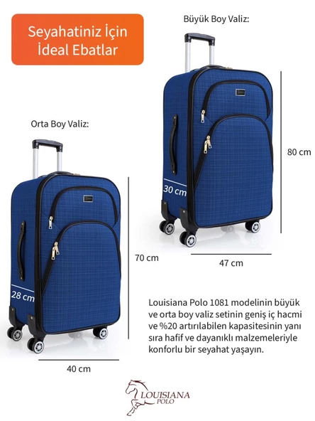Büyük ve Orta Boy Valiz Seti 4 Teker Kumaş Valiz Saks Mavi 1081 - 3