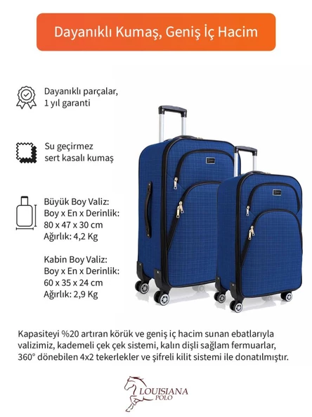 Büyük ve Kabin Boy Valiz Seti 4 Teker Kumaş Valiz Saks Mavi 1081 - Resim 2