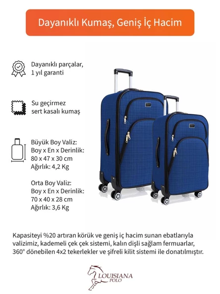 Büyük ve Orta Boy Valiz Seti 4 Teker Kumaş Valiz Saks Mavi 1081 - 2