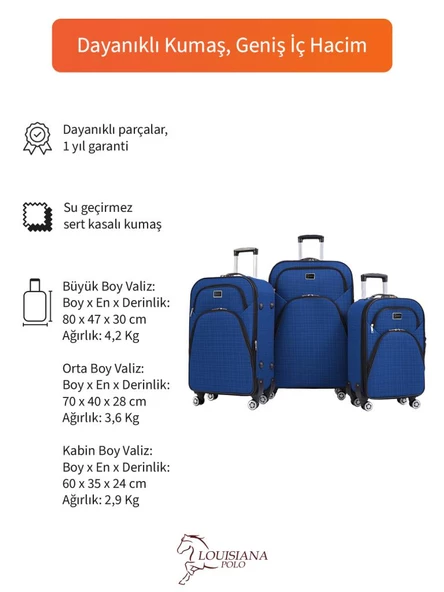 3'lü Valiz Seti 4 Teker Kumaş Valiz Saks Mavi 1081 - Resim 2
