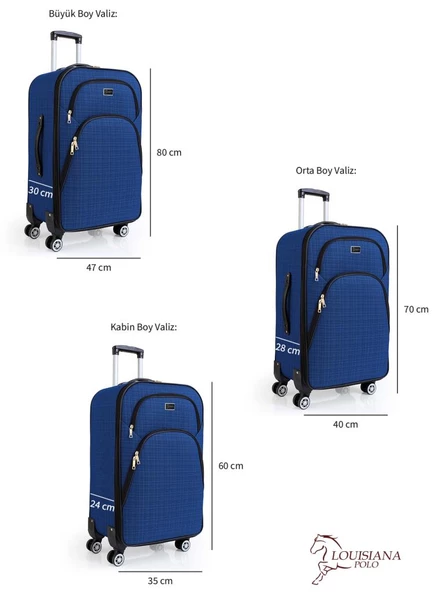 3'lü Valiz Seti 4 Teker Kumaş Valiz Saks Mavi 1081 - Resim 3