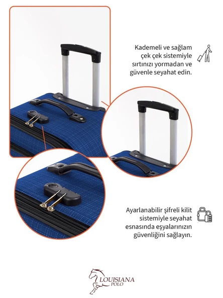 3'lü Valiz Seti 4 Teker Kumaş Valiz Saks Mavi 1081 - Resim 4