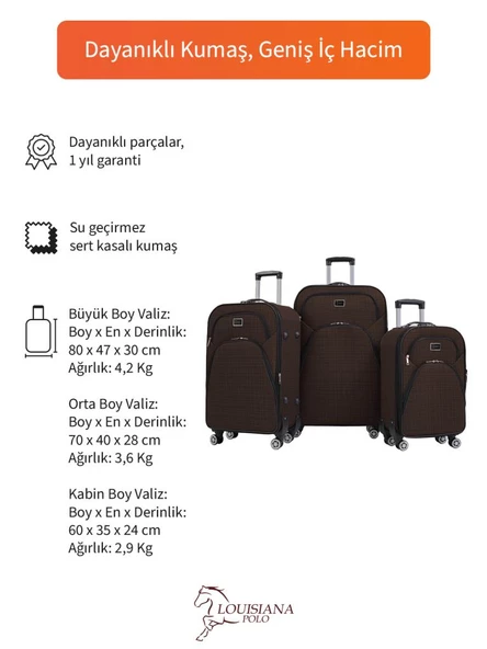 Louisiana Polo 3'lü Valiz Seti 4 Teker Kumaş Valiz Kahve 1081 - Resim 2