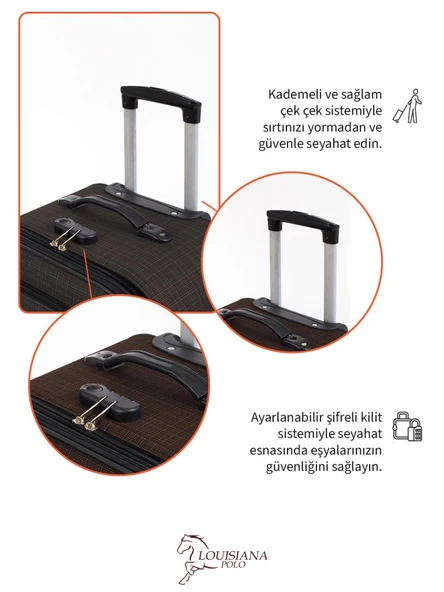 Louisiana Polo Büyük ve Kabin Boy Valiz Seti 4 Teker Kumaş Valiz Kahve 1081 - Resim 4