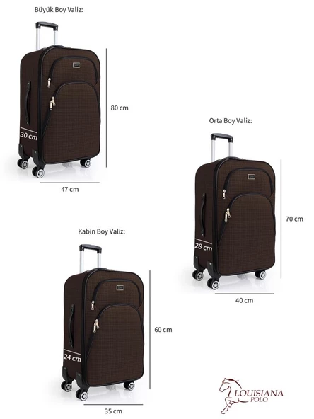 Louisiana Polo 3'lü Valiz Seti 4 Teker Kumaş Valiz Kahve 1081 - Resim 3