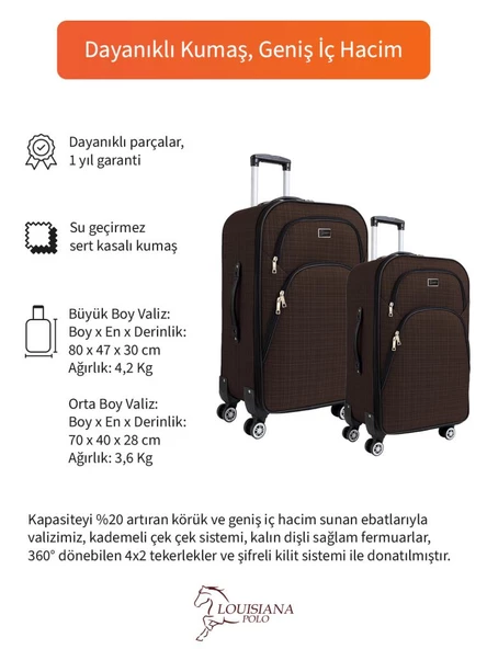 Louisiana Polo Büyük ve Orta Boy Valiz Seti 4 Teker Kumaş Valiz Kahve 1081 - Resim 2