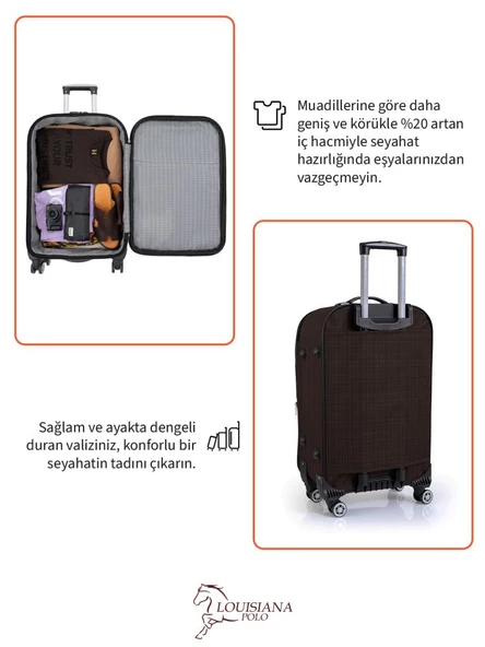Louisiana Polo Büyük ve Orta Boy Valiz Seti 4 Teker Kumaş Valiz Kahve 1081 - Resim 7
