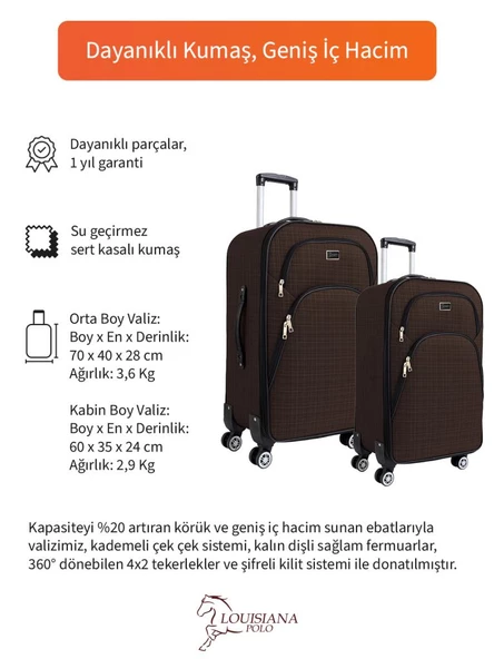 Louisiana Polo Orta ve Kabin Boy Valiz Seti 4 Teker Kumaş Valiz Kahve 1081 - 2
