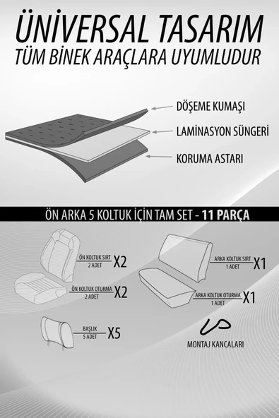 SportDesing Deri Kumaş Koltuk Kılıfı Takımı Siyah - Resim 7