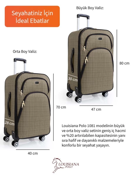 Louisiana Polo Büyük ve Orta Boy Valiz Seti 4 Teker Kumaş Valiz Bej 1081 - Resim 3