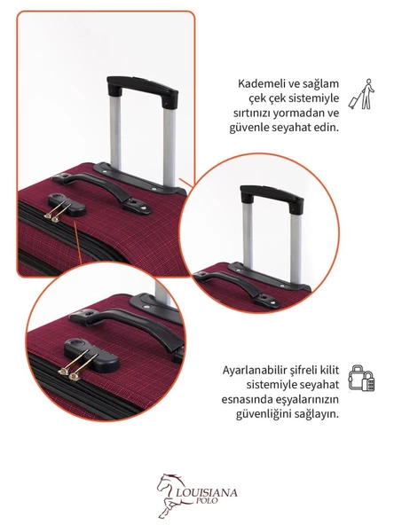 Louisiana Polo Orta ve Kabin Boy Valiz Seti 4 Teker Kumaş Valiz Bordo 1081 - 4
