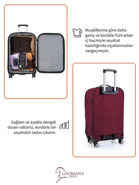 Louisiana Polo Orta ve Kabin Boy Valiz Seti 4 Teker Kumaş Valiz Bordo 1081 - 7