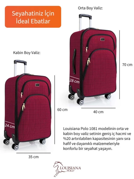 Louisiana Polo Orta ve Kabin Boy Valiz Seti 4 Teker Kumaş Valiz Bordo 1081 - 3