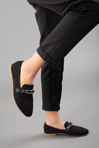 Triko Taşlı Yuvarlak Burunlu Siyah Kadın Babet - Resim 2