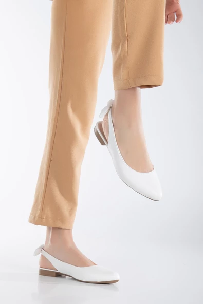 Topuk Açık Fiyonklu Cilt Beyaz Kadın Babet - Resim 2