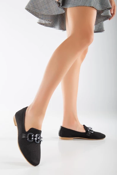 Triko Zincir Detaylı Yuvarlak Burun Siyah Kadın Babet - Resim 2