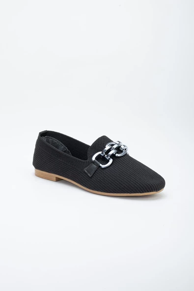 Triko Zincir Detaylı Yuvarlak Burun Siyah Kadın Babet - Resim 4