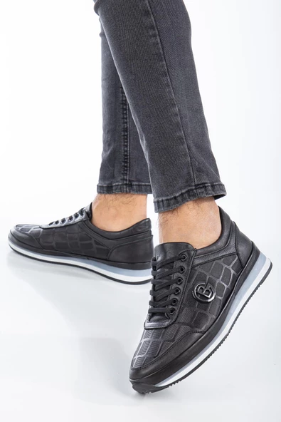 Hakiki Deri Baskılı Deri Tokalı Siyah Erkek Günlük Casual Ayakkabı - Resim 2