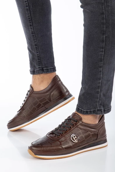 Hakiki Deri Baskılı Deri Tokalı Kahverengi Erkek Günlük Casual Ayakkabı - Resim 2