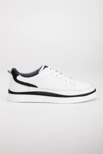 Hakiki Deri Bağcıklı Çift Renk Taban Beyaz Erkek Günlük Casual Ayakkabı - Resim 3