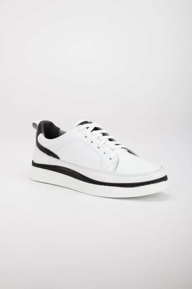 Hakiki Deri Bağcıklı Çift Renk Taban Beyaz Erkek Günlük Casual Ayakkabı - Resim 4