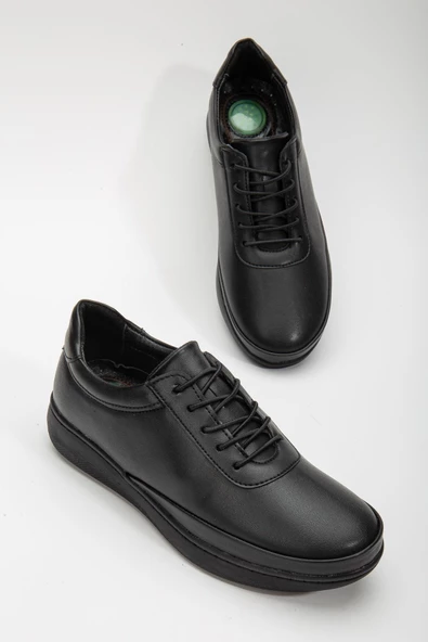 Hakiki Deri Atom Model Elastik Bağcıklı Siyah Büyük Beden Kadın Günlük Ayakkabı Ortopedik ürün görseli