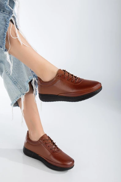 Hakiki Deri Atom Model Elastik Bağcıklı Taba Büyük Beden Kadın Günlük Ayakkabı Ortopedik - Resim 2