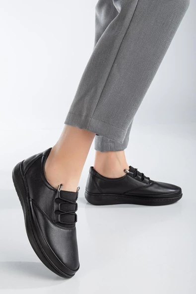 Hakiki Deri Atom Model Streç Yüzlü Siyah Büyük Beden Kadın Günlük Ayakkabı Ortopedik - Resim 2