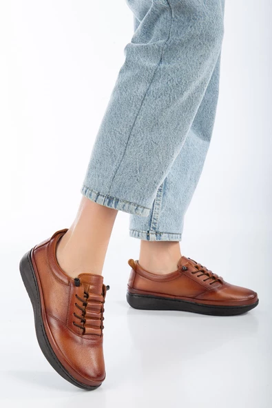 Hakiki Deri Elastik Bağcıklı Taba Kadın Ortopedik Günlük Ayakkabı - Resim 2