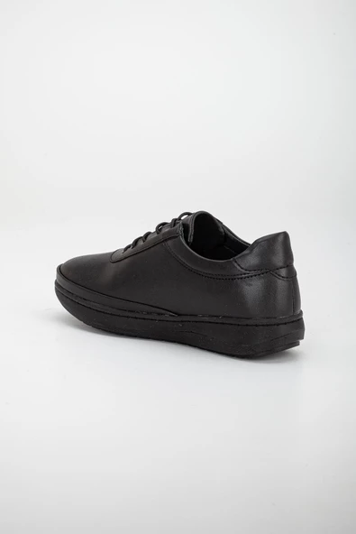 Hakiki Deri Atom Model Elastik Bağcıklı Siyah Büyük Beden Kadın Günlük Ayakkabı Ortopedik - Resim 5