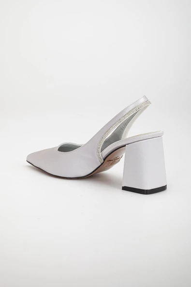 Saten Topuk Taşlı Gümüş Büyük Numara Kadın Ayakkabı Topuklu Abiye - Resim 5