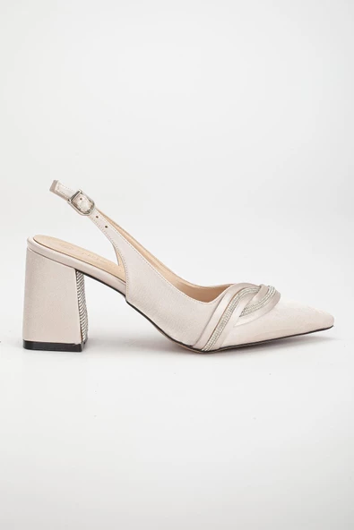 Saten Baretli Taşlı Bej Büyük Numara Kadın Ayakkabı Topuklu Abiye - Resim 3