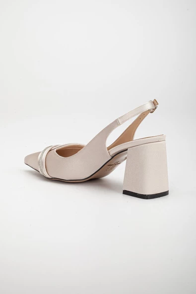 Saten Baretli Taşlı Bej Büyük Numara Kadın Ayakkabı Topuklu Abiye - Resim 5