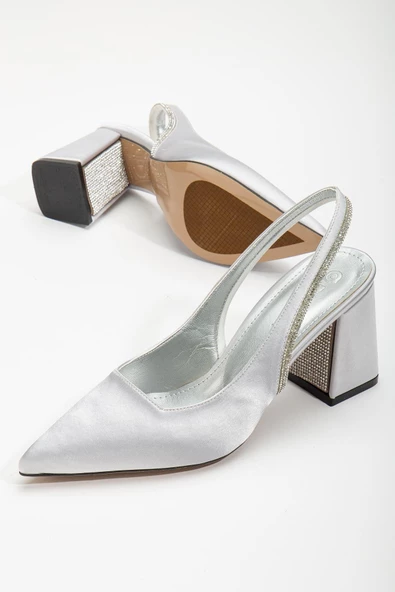 Saten Topuk Taşlı Gümüş Büyük Numara Kadın Ayakkabı Topuklu Abiye ürün görseli 1
