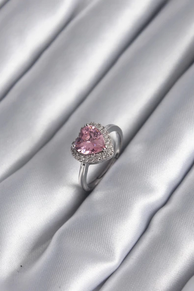 MuI MuI Pirinç Gümüş Renk Pembe Zirkon Taş Kalp Charm Model Kadın Yüzük