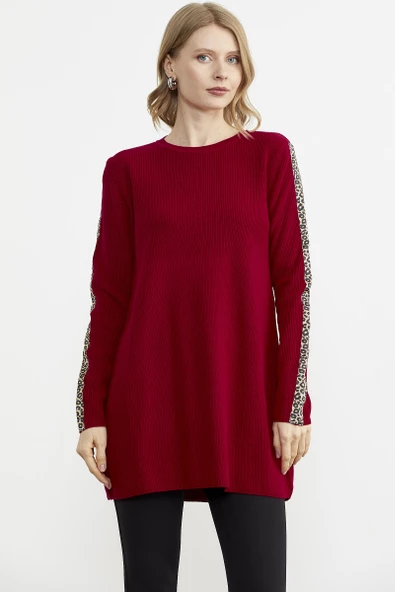 Leopar Şeritli Triko Tunik - Kırmızı - 2