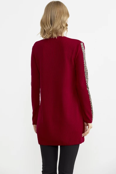 Leopar Şeritli Triko Tunik - Kırmızı - 5