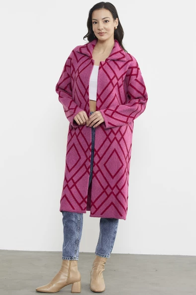 Desenli Uzun Triko Ceket - Fuşya - 2